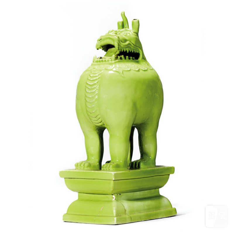 清晚期 秋葵绿釉狻猊香薰 - 图1